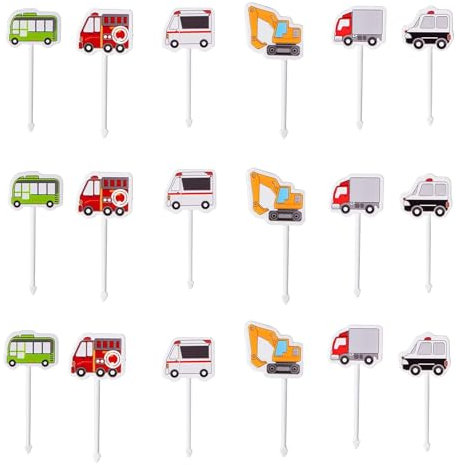 Dewocke Mini Cartoon Food Toothpick Set, 18pcs Kids Foods Picks & Toddlers Lunch Decoration, Vehicle Food Fruit Picks Forks for Bento Box, Fun Toothpicks, Pickle Fork, Bento Toothpicks, Small Forks