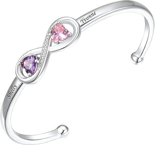 Custom4U Personalisierte Frauen Armband mit benutzerdefiniertem Namen verstellbares offenes Armband Unendlichkeit/Herz mit Geburtsstein Namen Gravur Schmuck