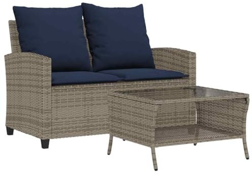 vidaXL Gartensofa 2-Sitzer mit Kissen & Tisch Grau Poly Rattan, Outdoor Sofa, Terrassensofa, Zweisitzer Gartensofa, Garten Sofa, 2-Sitzer Gartensofa