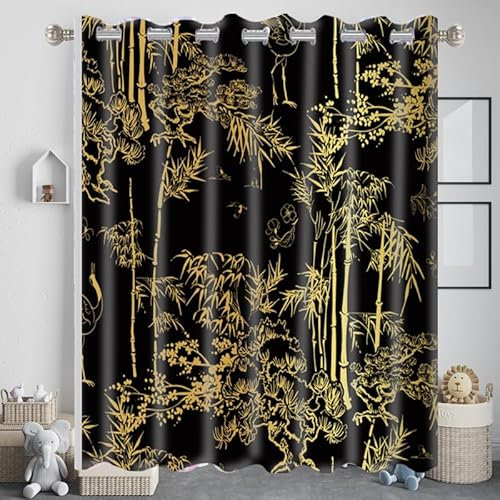Curtain Retro Schwarzer Bambus Vorhang mit ösen Polyester Gardinen Blackout Curtain Waschbar Vorhänge Verdunklungsvorhänge Vorhang Blickdicht Curtains Living Room Thermovorhang 2x140x180cm