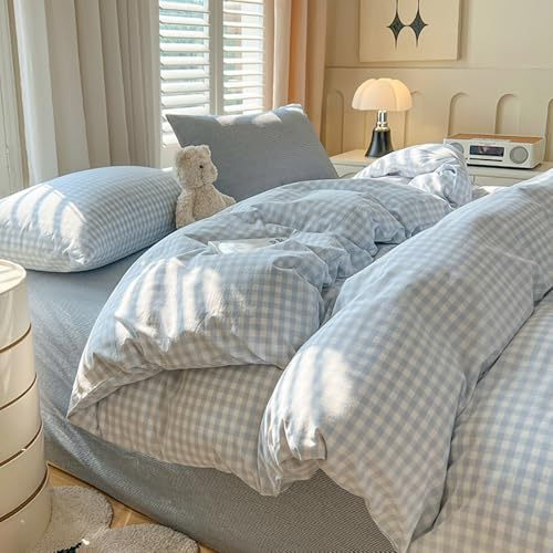 Covebett Parure de lit 155x220 Bleu Blanc à carreaux Motif carreaux Moderne Housse de couette Set Style maison Géométrique à carreaux Renforcé Microfibre lavée Couette et taie d'oreiller 80x80 avec