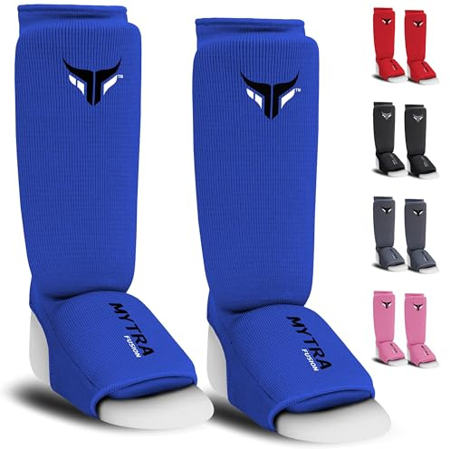 Mytra Fusion Junior Protecteur Tibia-Cou-de-Pied Extensible Protege Tibia Boxe léger et rembourré entraînement protège Tibia Muay Thai, Arts Martiaux et Protege Tibia MMA Enfant (Bleu, XXS)