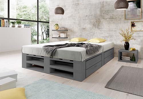 Lermowood Palettenbett M2 aus Holz 140 x 200 cm Grau mit Lattenrost und 2 Bettkästen Holzbett 30cm Stabiles Seniorenbett Kinderbett Jugendbett Gästebett erhöhtes Bettgestell Futonbett Komforthöhe