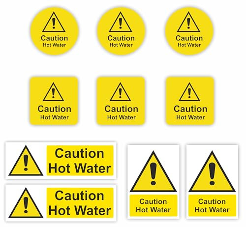 Conjured (10-Pack) Caution Hot Water Warning Self-Adhesive Signs Multipack of 10 Stickers in Various Shapes and Sizes/Caution Hot Water Stickers Vinyl Decal 10-Pack