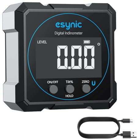 eSynic Digital Angle Finder Rechargeable Four-Sided Magnetic Digital Inclinometer Angle Gague Level Measuring Tool with LCD Display Zero & Holding Function