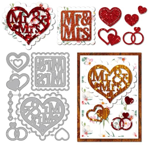 MAYJOYDIY Mr&Mrs Herz Stanzformen Zum Gestalten von Karten Eheringe Prägung Metall Stanzformen Liebes Papierbastel Stanzschablonen Für Scrapbooking Bastelpapier Geburtstagskarten Geschenkdekor