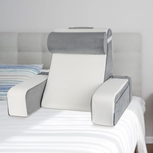 Osrioal Reading Pillow for Bed Adult, Back Support Cushion with Pockets, Back Cuddle Cushion Detachable Arms & Neck Roll, Removable Back Support Chair Pillowfor Sofa Bed Floor Office