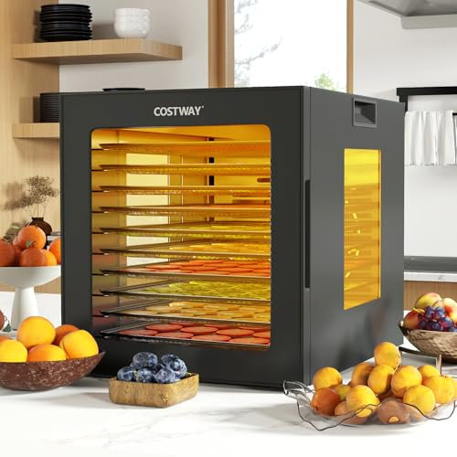 GOPLUS Déshydrateur Alimentaire, Plateaux en Acier Inoxydable, Température 35-75℃, 3 Fenêtres Transparentes, Écran Contrôle, Machine pour Sécher Fruits, Légumes, Noir
