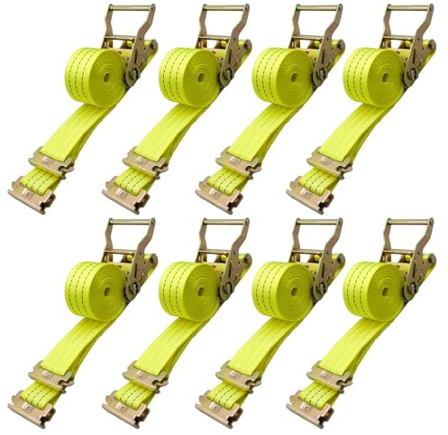 Bolvixor 8 Pack 2 x 15' Heavy Duty E-Track Ratchet Straps - 4500LBS Break Strength - Tie Down Straps for Trucks, Trailers, Motorcycles, and Cargo（Yellow）