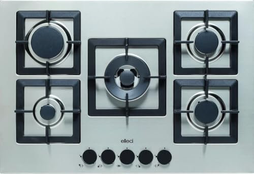 Piano Cottura a Gas 5 Fuochi, Tripla Corona, Griglie in Ghisa, Colore Inox, Misure esterne 75X51 cm, Accensione elettronica sottomanopola, Valvola di sicurezza gas, Elleci PIAP751INCS