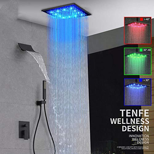 Black Orb Led Concealed Shower Faucet Set Led Rainfall Shower Head Waterfall Spout 3-Way Mixer Tap Bathroom Shower,