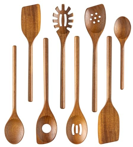 Caossuixin Kochutensilien Set, 8 Stück Kochlöffel Set Holz mit Häkchen, Holzutensilien zum Kochen aus Teakholz, HolzKochutensilien, Holzspatel zum Kochen, Pfannenwender, Suppenkelle, Küchenhelfer Set