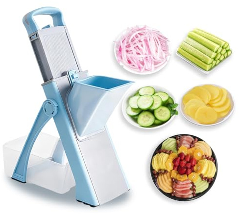 Safe Mandoline Slicer 8-in-1- Adjustable Vegetable & Potato Cutter with Removable Basket, 420 Stainless Blades, Foldable for Easy Storage
