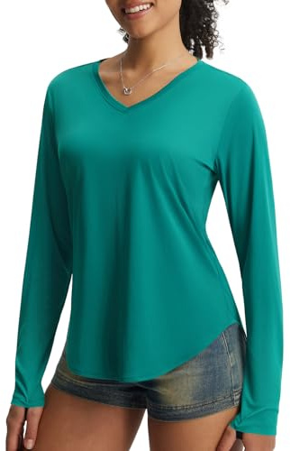 baleaf Women's Long Sleeve Sun Shirts UPF50+ UV Protection Rash Guard Lightweight Quick Dry V Neck Workout Hiking Tops Green L