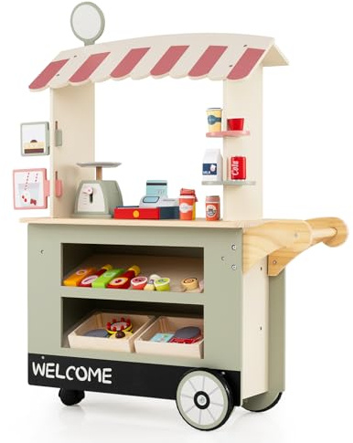 GYMAX Kids Grocery Store Cart, Wooden Market Play Shop with Wheels, 30 Pieces Accessories, Beverage Rack & Food Display Area, Pretend Children Shop Role Playset for 3 Year Old + (Green)