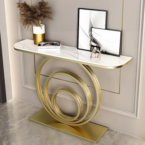 RUYICZB Console avec Plateau en Ardoise, Table D'entrée avec Structure Métallique Géométrique, Consoles Étroites pour Petits Espaces, Tables D'appoint À Placer Derrière Le Canapé,White Gold,120cm