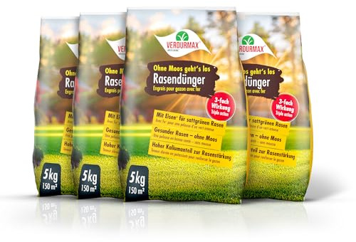 Verdurmax Engrais Pelouse au Fer 4 x 5 kg - Anti-Mousse Reverdissant | Action Anti-Mousse Rapide & Revitalisante - Gazon Vert Profond et Robuste - Riche en Azote, Potassium et 9% de Fer