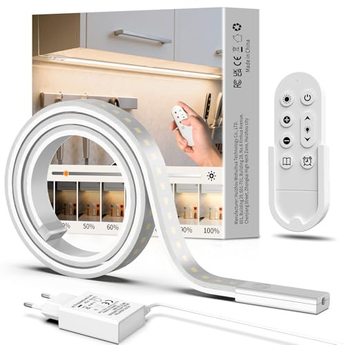 Unterbauleuchte Küche LED 2M, Dimmbar LED Lichtleiste mit Fernbedienung | Selbstklebend Flexibel Silikon, Unterschrank Beleuchtung inkl. 24V Netzteil für Küche, Schlafzimmer, Wohnzimmer, Büro