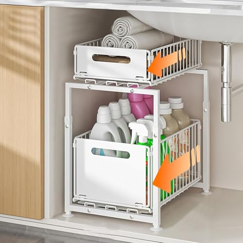 Earning Power Under Sink Storage, Kitchen Cupboard Organiser 2 Tier, Detachable Metal Wire Storage Baskets, Drawer Type Cupboard Storage Rack for Pantry, Countertops, Cabinet (White)