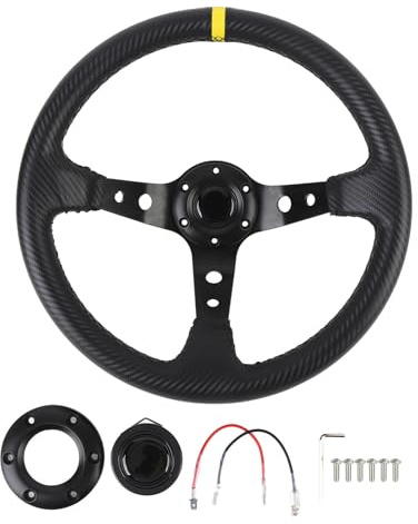 Volante da da 14 pollici, volante sportivo universale a profilo profondo con pulsante per clacson, telaio in alluminio con aspetto in fibra di carbonio rivestito in pelle PU (Gialla)