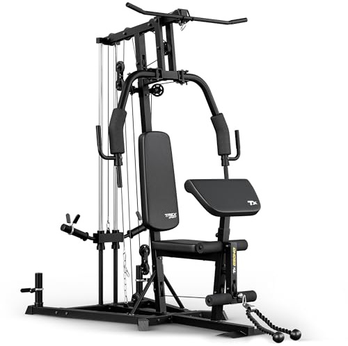 TREX SPORT Kraftstation für Zuhause TX-650HG | Fitnessturm & Multigym mit Seilzug Oben und unten, Beinpresse, Curlpult, Ganzkörpertraining | Fitnessstation für Zuhause bis 120 kg