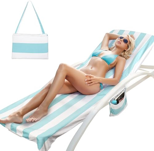 Sandproof Beach Towel Lounge Chair Cover with Side Pockets, 198×79cm | 3-in-1 Quick Dry Microfiber Beach Towel, Extra Large Beach Blanket for Lounge Chair, Pool, Camping, Summer Holiday Gifts