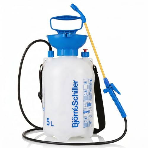 Björn&Schiller Drucksprüher 5 Liter, Gartenspritze und Pumpsprühflasche mit Schultergurt, für Bewässerung, Pflanzenpflege, Reinigung, mit Sprühlanze, Drucksprühgerät, Unkrautspritze Garten, blau-weiß