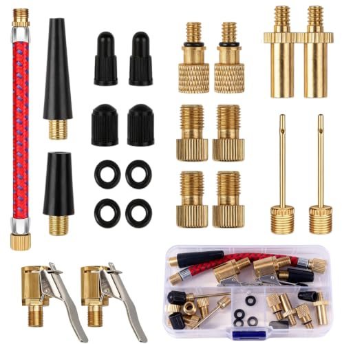Veebmys Lot de 23 Adaptateur de Valve de Vélo, Kit Embout Pompe Vélo avec Valve Auto, Valve Française, Aiguille à Ballon, Valve Conique et Boîte de Rangement pour Pneus et Ballons