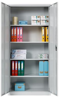 furni24 Aktenschrank, fertig montiert, 180x80x38cm, Stahlflügeltürschrank Materialschrank, Abschließbarer Spind, Aktenschrank mit 5 Fächern, Werkzeugschrank, Mehrzweckschrank, Universalschrank, grau