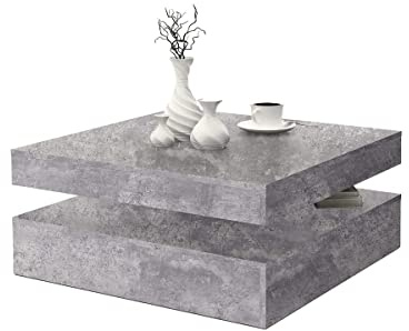 FORTE Coffe Tables Couchtisch mit Ablagefläche und rotierender Tischplatte, Holzwerkstoff, Betonoptik, 78 (93) x 34,3 x 78 cm
