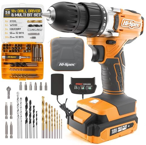 Hi-Spec 58-tlg. 18V Akkubohhrer und Bohrerbit-Satz. DIY Akkuschrauber, Bohrmaschine mit S2 Bits für Metall, Holz und Mauerwerk. Alles in einer Aufbewahrungstasche