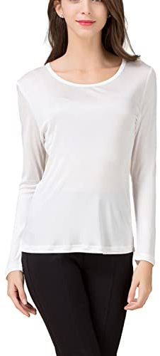 METWAY Women's Mulberry Silk T-Shirt Long Sleeve Pure Silk tee Shirt/Crew Neck Silk Blouse Undershirt X-Large White