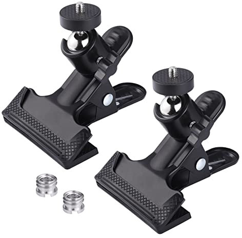 Hejo Camera Clip Set, 2pcs Multi-Function Camera Clamps with 2pcs 1/4 to 3/8 Convert Screw Adapters,Tripod Spring Mount Clip with 1/4 Screw Ball Head for Camera Tripod DSLR Studio Backdrop