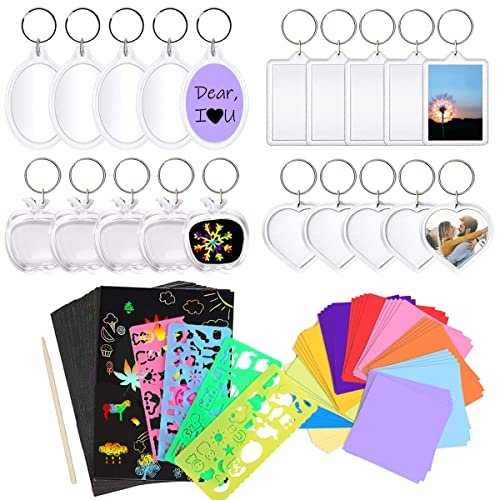 YuChiSX 20 Pcs Porte-Clés Photo, Porte Cle Transparent Vierge en Acrylique DIY Porte-Clés Personnalisé, Kits Gratter, Concevez Votre Propre Badge pour les Fournitures d'artisanat
