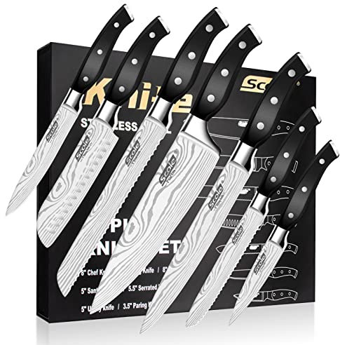 SCOLE® Messerset, Ultra Scharfes Küchenmesser Set 7-teilig, Japanisches Deutsch 1.4116 Edelstahl Messer Set Profi Chefmesser Set mit Ergonomisches Griff mit Geschenkbox