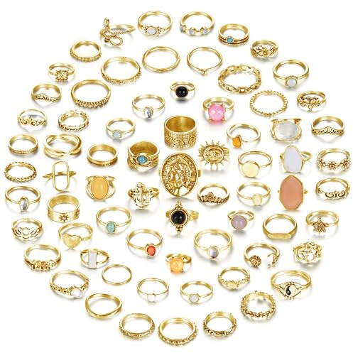 Subiceto 70 Pcs Vintage Crystal Ring Set Knuckle Rings for Women Bohemian Stackable Joint Rings Retro Boho Stacking Joint Finger Rings Pack 14K Gold Plated