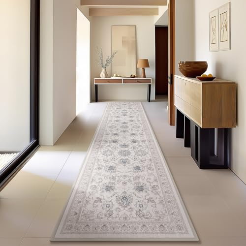 Phantoscope Washable Runner Rug 2'x10' Non-Slip, Vintage Neutral Hallway Rugs for Entryway, Stair, Bedroom, Distressed Boho Floral Medallion Pattern, Low-Pile Foldable Carpet, Cream Beige/Neutral