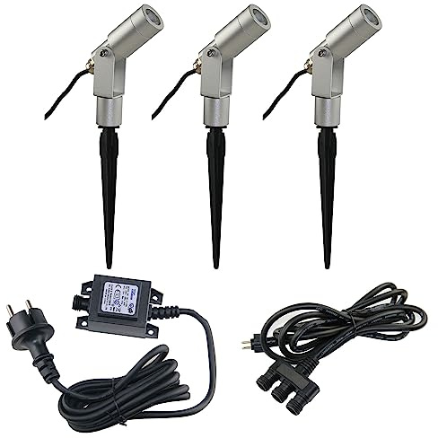 VBLED® 3er Komplettset 3X 3W LED Strahler Aluminium Flavius Silber 3000K IP67 12V AC/DC mit Erdspieß | Außenlampe zur Beleuchtung von Garten, Terrasse, Pflanzen, Wegen, Teich