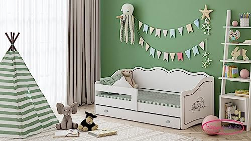 Happy Babies ROAYL- Kinderbett 160 x 80 Kinderbett mit Rausfallschutz & Bettkasten | Jugendbett mit farbigem Aufkleber | Kinderbett mit Matratze 80x160 | Kinder-Bett für Mädchen & Jungen (Auto)