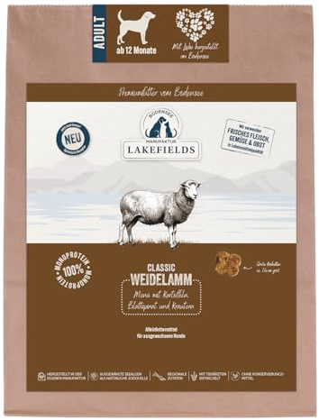 Lakefields Classic Hundefutter trocken | Lamm 60% | 4 x 1kg | Getreidefreies Trockenfutter | Zutaten in Lebensmittelqualität | Kartoffeln, Blattspinat & Kräutern | Schonend gebacken