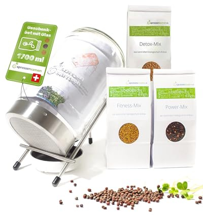 biosprosser Sprossenglas Set 1700ml mit Geschenkset - Bio Fitness-Mix & Power-Mix & Detox-Mix je 75g - Keimglas für Sprossen - inkl. Sprossenglas Deckel, Ständer & Sieb