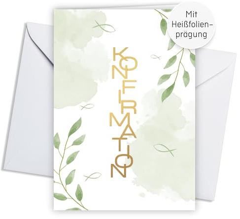 møij 12x Einladungskarten zur Konfirmation mit goldener Heißfolienprägung | inkl. weißer Umschläge, DIN A6 Klappkarten, stabiler Karton, zum Ausfüllen