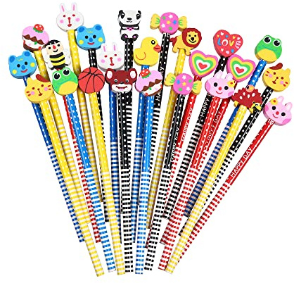 Adorable 30PCS Top Eraser Pencils for Kids' School Supplies,with Assorted Cartoon Color Stripe Erasers Topper (Multicolor30)