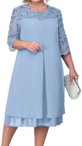 OBEEII Women's Plus Size Chiffon Dress Half Sleeve Round Neck Floral Embroidery Party Wedding Guest Cocktail Dress UK Light Blue L
