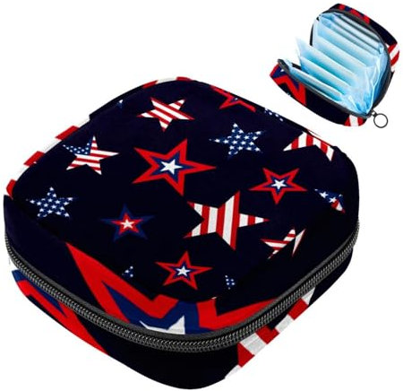 JAVENPROEQT 1 Stück Damenbinden Aufbewahrungstasche, große Damenbinden Organizer Wiederverwendbare erste Periode Tasche für Mädchen Frauen Damen - 17 x 17 x 12 cm / USA Flagge Sterne Schwarz Muster