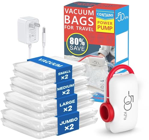 Sacchetti Sottovuoto Vestiti con Pompa Elettrica, 50kpa Aspirazione, Confezione da 8 (2 Jumbo, 2 Grandi, 2 Medi, 2 Piccoli) Buste Sottovuoto Piumoni Riutilizzabili per Salvaspazio, Viaggio, Traslocare