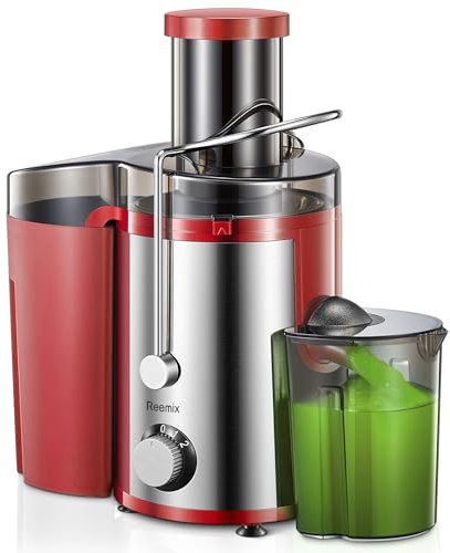 Elettrica Centrifuga Frutta e Verdura, Reemix Estrattore Frutta e Verdura Facile da Pulire, 65 MM Bocca Larga, Acciaio Inox, 2 Velocità, Spazzola & Ricetta (Rosso, 800W)