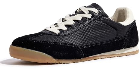 LUCKY STEP Women's Leather Flats Fashion Sneakers Lace Up Tennis Casual Shoes (Black, 9US-39EU-6UK)