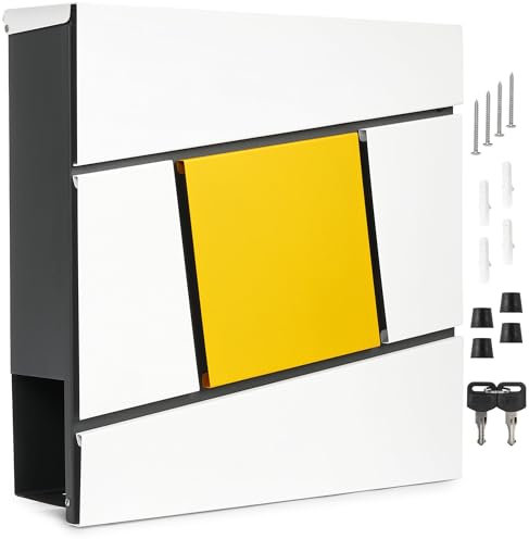 BRUBAKER Cassetta per le Lettere con Scomparto per Giornali e Targhetta - Moderna Cassetta Postale a Parete “Quadrato Giallo” in Alluminio e Acciaio Zincato con 2 Chiavi - Giallo, Bianco e Antracite