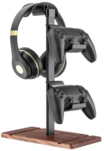 SHUOSUO Controller Holder, Walnut Wood Headphone Stand, Gaming Controller Stand for Xbox PS5 PS4 Switch, Natural Wooden Headset Holder, Universal Desk Game Accessories